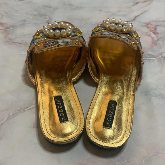 XOBZJH Evening Slides Rhinestone Sandal gold party shoes embroidery shoes 9.5 - Picture 11 of 13